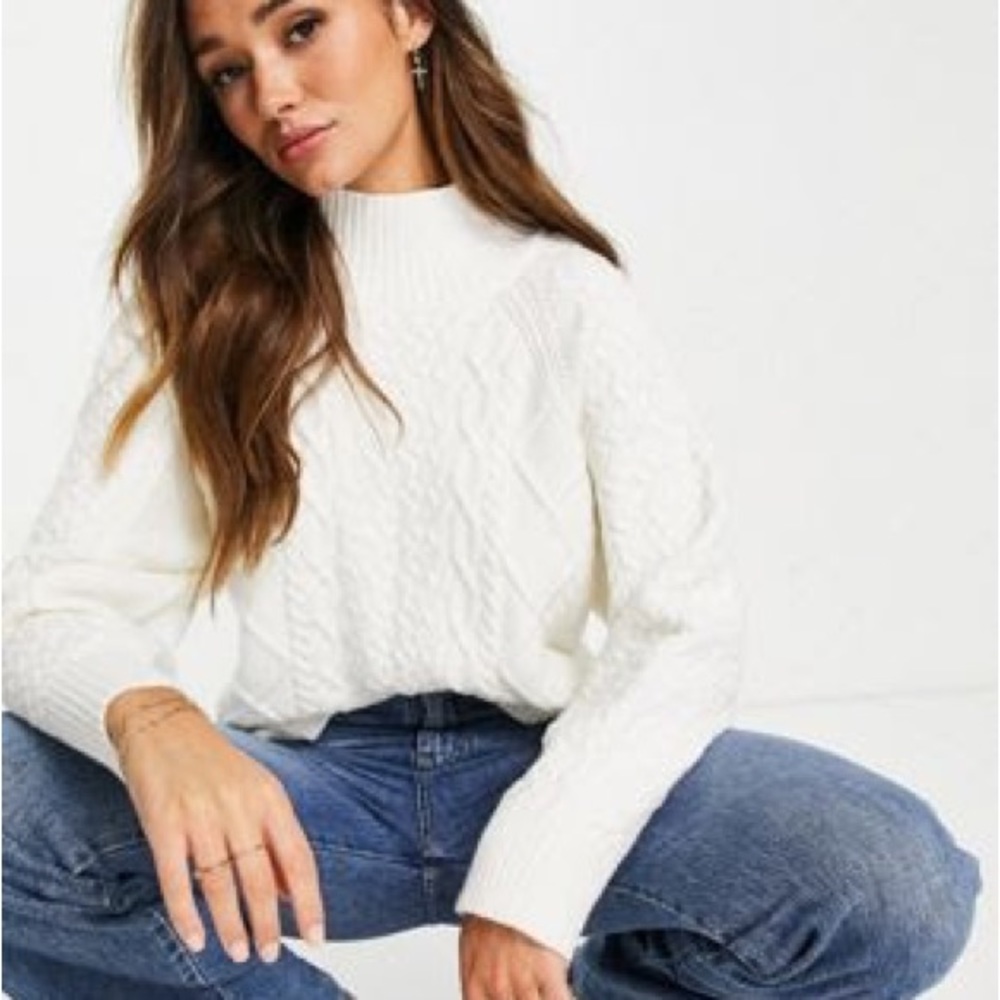 ASOS DESIGN high neck cable sweater with wide sleeves in cream